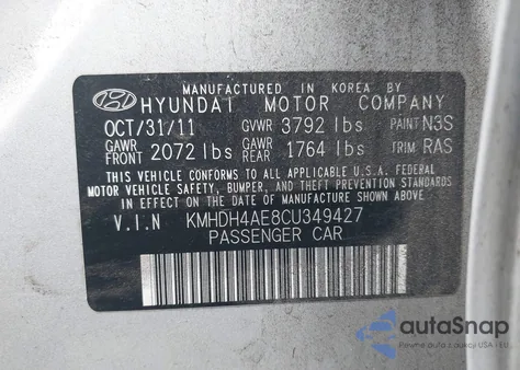 2012 Hyundai Elantra Limited (Ulsan Plant) из США, поврежденный, VIN KMHDH4AE8CU349427